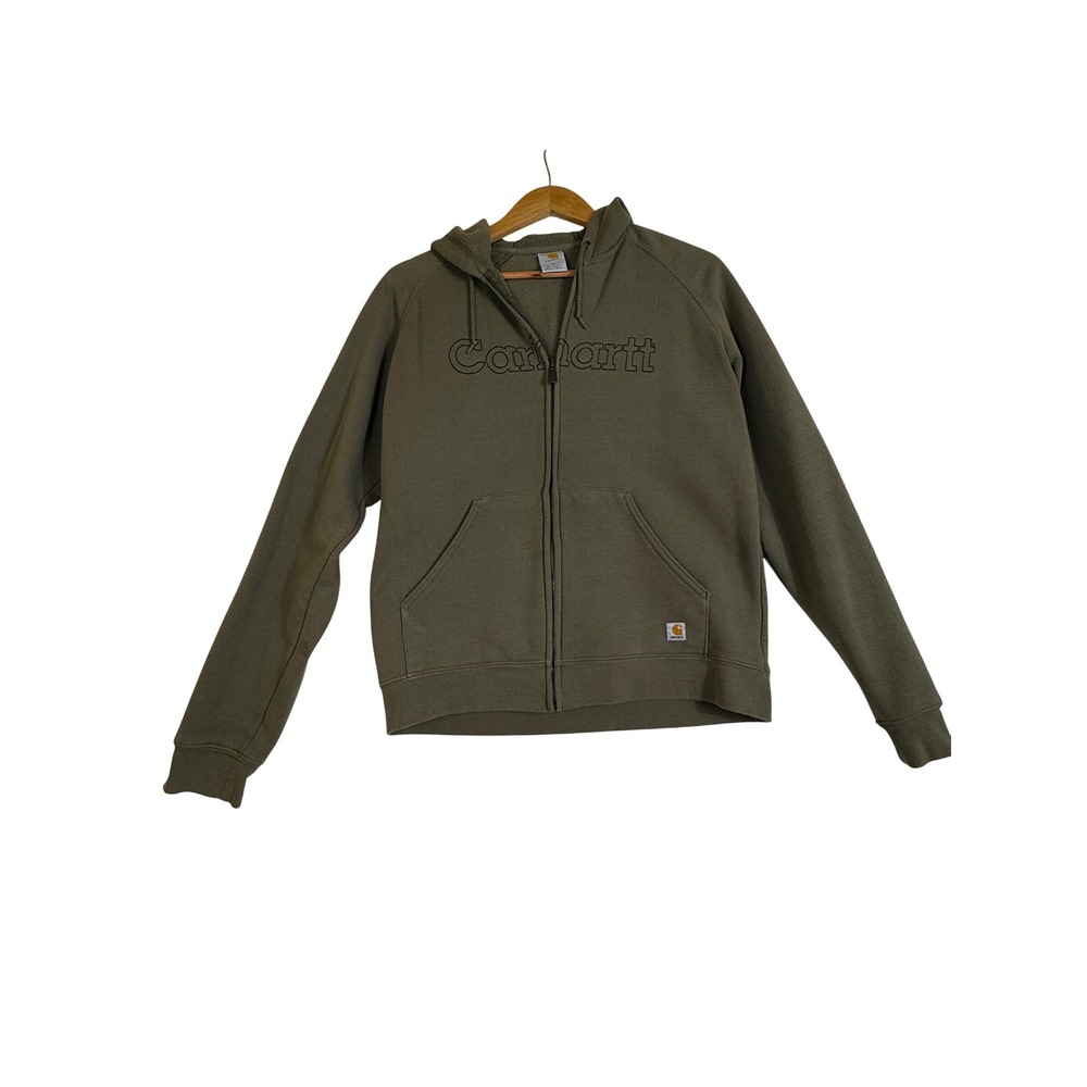 Carhartt Women Olive Green Full Zip Fleece Hoodie Logo Sweatshirt Size M 8-10